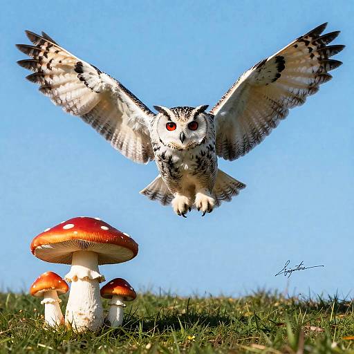 Swooping Red-Eyed Owl Above Mushrooms