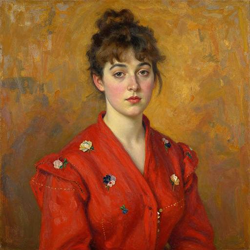 Photorealistic oil painting of a young woman with fair skin, dark hair in a bun, wearing a red blouse with floral embroidery, against a textured