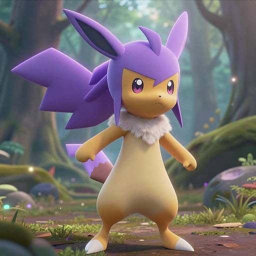 CGI image of a purple and yellow, fox-like creature with large ears, standing in a sunlit forest, looking determined.