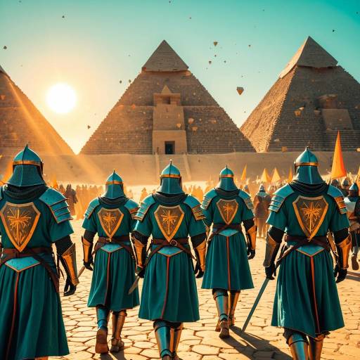 Medieval Knights with Pyramids at Sunset