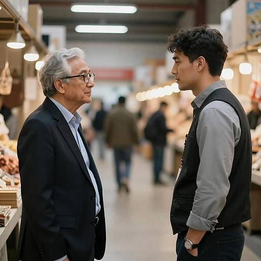 Two Men Conversing in Indoor Market