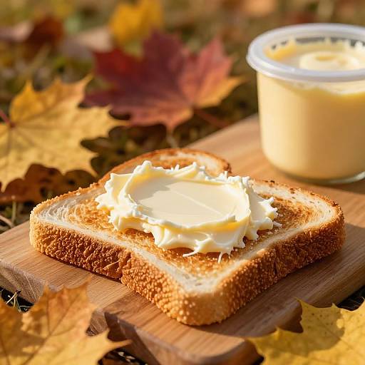 Photograph of toasted bread with creamy butter, on a wooden board, surrounded by autumn leaves, with a butter container in the background.