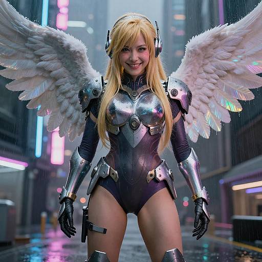 Futuristic Angel Warrior in Neon City