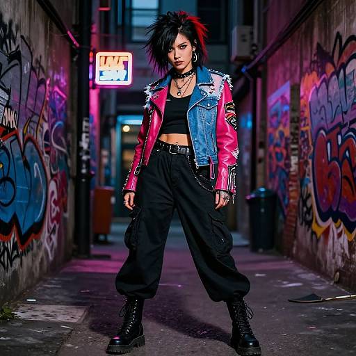 Photograph of a punk woman with black spiky hair, red and blue leather jacket, black pants, and boots, standing in a graffiti-covered urban