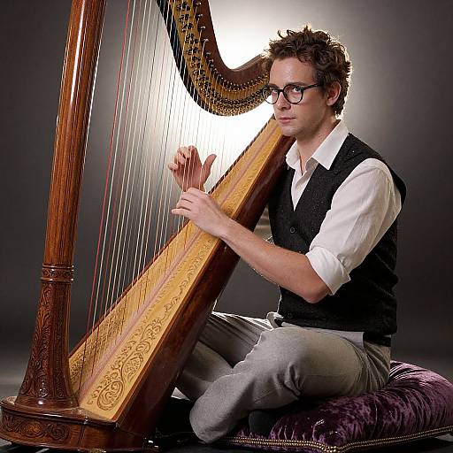 Photograph of a bespectacled, curly-haired man in a white shirt and black vest, playing a detailed wooden harp on a purple cushion