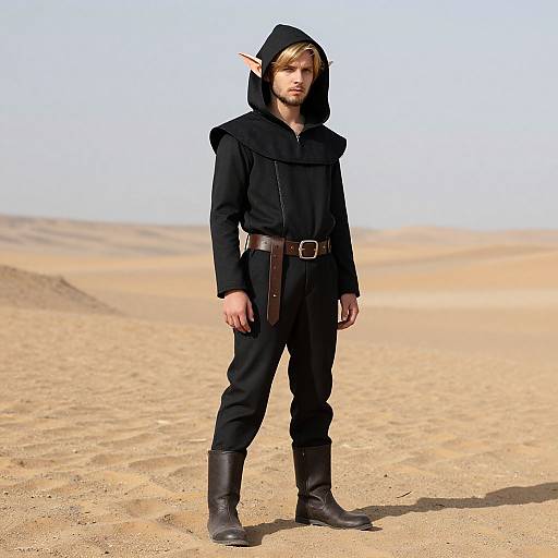 Photograph of a young man with pointed elf ears, wearing a black hooded tunic, brown belt, and boots, standing in a sandy desert