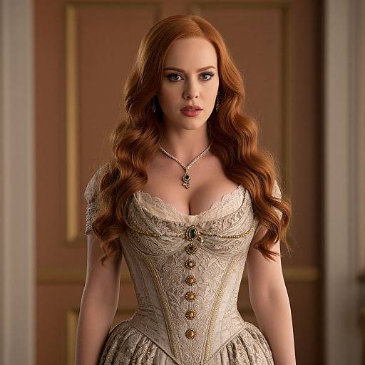 Photorealistic CGI of a red-haired woman with wavy hair, wearing a beige, lace-up, corset-style dress with gold buttons, and