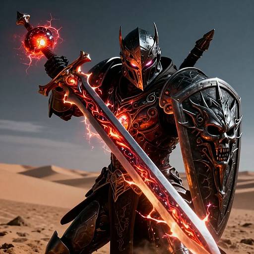 Digital artwork of a black armored warrior with glowing red eyes, holding a fiery sword and casting an electrified spell in a desert.