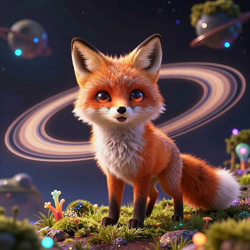 Digital art of a cute, fluffy, orange and white fox with big, shiny eyes in a galaxy with colorful planets and rings.