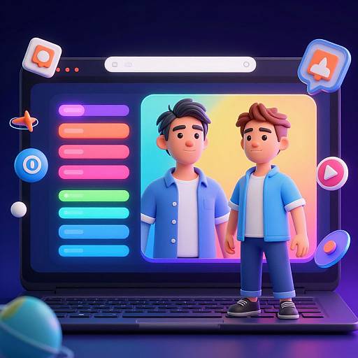 CGI image of two stylized, cartoon boys with blue shirts and white tees, standing on a glowing laptop screen with colorful icons.