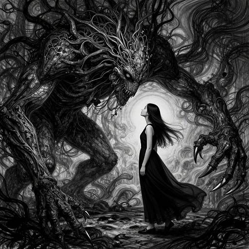 Black and white digital illustration: Silhouetted woman with long hair, facing a swirling, menacing, tentacled creature with glowing eyes in a