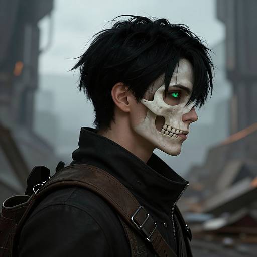 Digital art of a pale-skinned, black-haired man with a skull mask, green eyes, wearing a dark leather jacket, in a ruined, fog