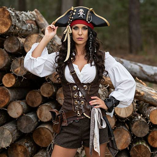 Photograph of a confident woman in a pirate costume, black tricorn hat with white skull, white shirt, brown corset, and shorts, standing