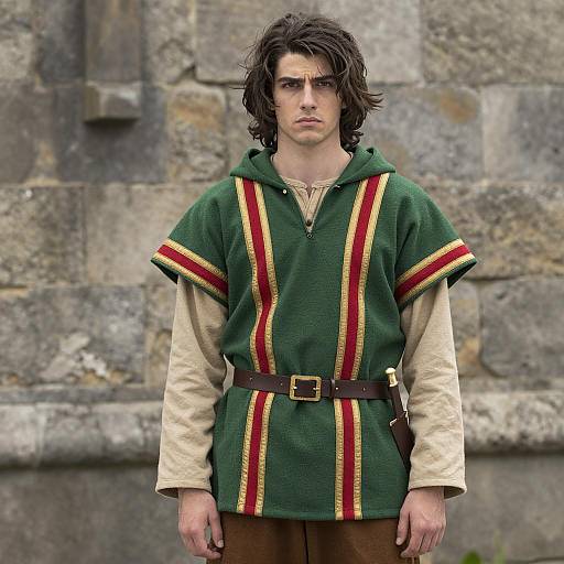 Young Man in Medieval Green Hooded Tunic