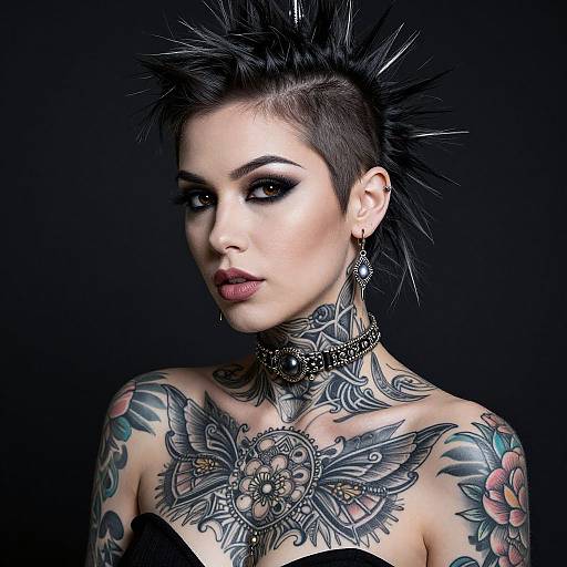 Photograph of a pale-skinned, tattooed woman with short, spiked black hair, heavy eye makeup, dark lipstick, and a choker,