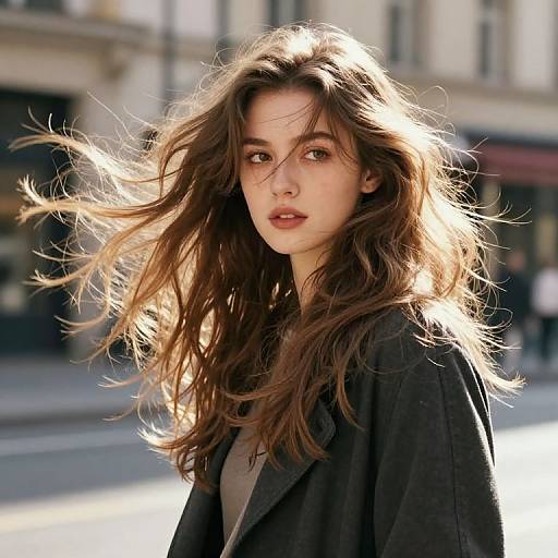Photograph of a young woman with long, windswept brown hair, wearing a dark coat, standing on a sunlit urban street.