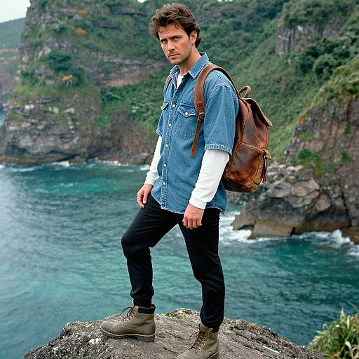 Photograph of a young man with curly brown hair, wearing a blue denim shirt, black pants, white long-sleeve shirt, brown leather backpack