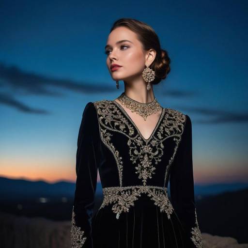 Elegant Woman in Black Velvet Gown at Twilight