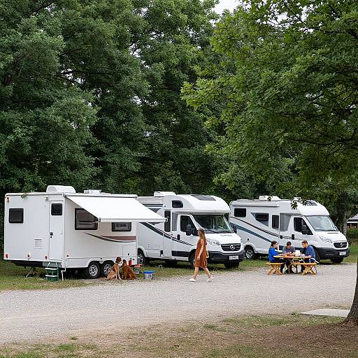 Photograph of a wooded campsite with seven white RVs, a nude woman walking, and children playing near picnic tables on gravel.
