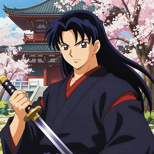 Anime-style illustration of a serious, black-haired man in a black kimono holding a katana, standing in front of a traditional Japanese building with cherry