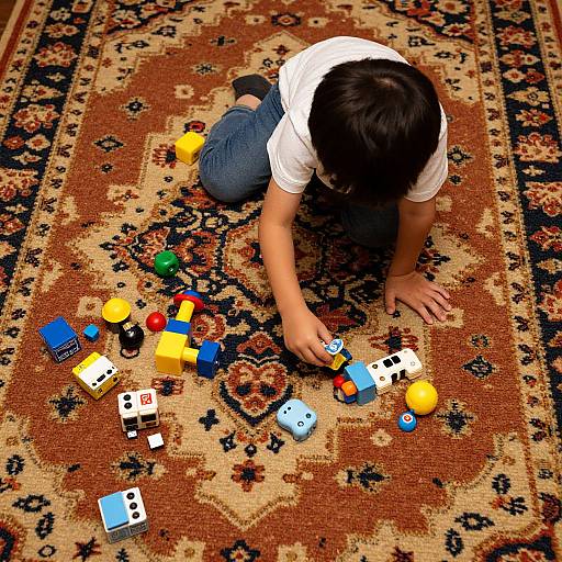 Photograph of a child with dark hair, wearing a white shirt and blue jeans, playing with colorful building blocks and dice on an ornate, pattern