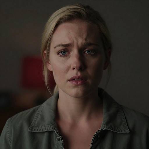 Worried Blonde Woman in Green Jacket