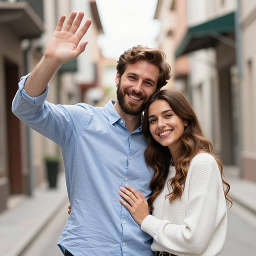 Photograph of a smiling, bearded man in a light blue shirt, waving, with a woman in a white sweater, standing closely on a city