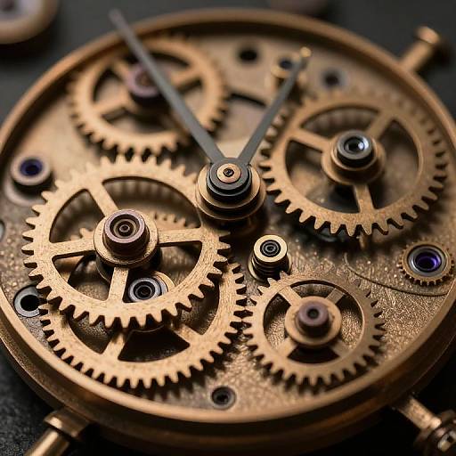 Close-up photograph of intricate brass gears and cogs with dark blue jewels, featuring two black hands on a vintage mechanical clock face.