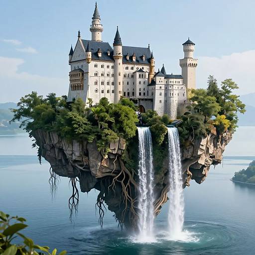 Fantastical castle perched on a floating rock, with a cascading waterfall below, surrounded by lush greenery and calm blue water. Digital artwork