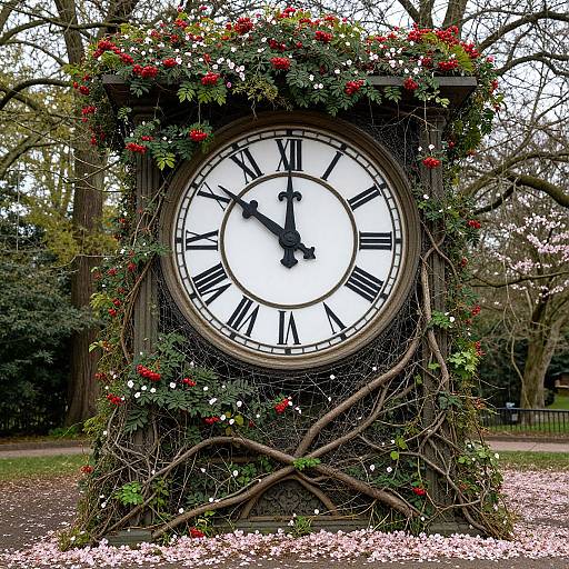 Photograph of an ornate, black, clock with Roman numerals, surrounded by red and white flowers, and intertwined vines, set in a park