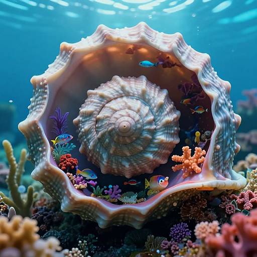 Photograph of a large, spiral-patterned seashell filled with colorful coral, small fish, and sea anemones, underwater with bright blue