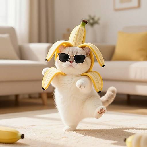 Playful Banana Cat Dancing Indoors