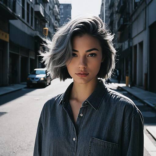 Fashion Model with Ash Gray Hair in Urban Street