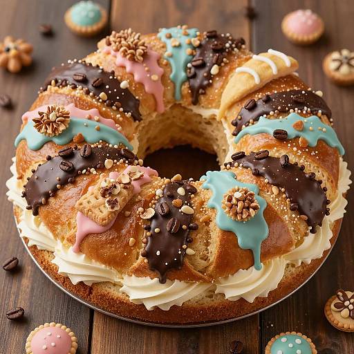 Decorated Rosca de Reyes Cake with Cream Filling