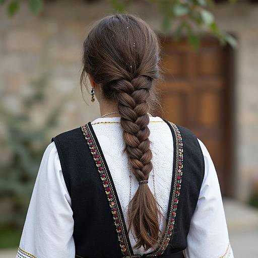 Photograph of a woman with braided brown hair, wearing a black embroidered vest over a white blouse, standing outdoors.