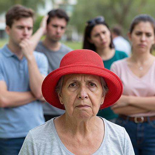 Photograph of an elderly woman with wrinkled skin, wearing a bright red hat and gray shirt, standing in front of four blurred, casually dressed individuals