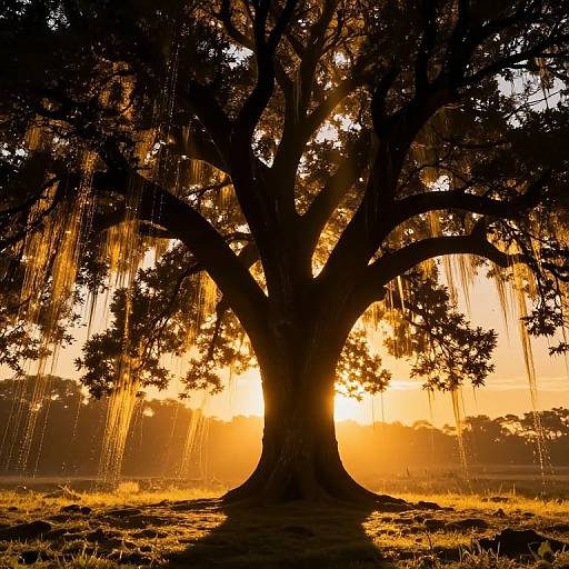 Photograph of a massive, silhouetted tree with cascading, sunlit leaves and golden sunlight streaming through, creating a dramatic, ethereal