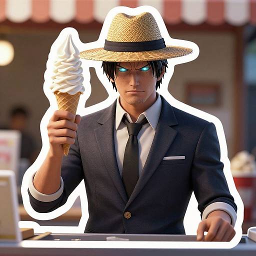 Photorealistic digital artwork of a mysterious man in a straw hat and suit, holding an ice cream cone, with glowing blue eyes, standing at an