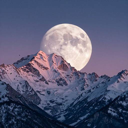 Photograph of a snow-capped mountain peak at twilight, illuminated by a large, bright full moon in a clear, purple-tinged sky.