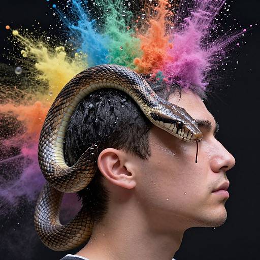 Human-Headed Snake with Rainbow Explosion