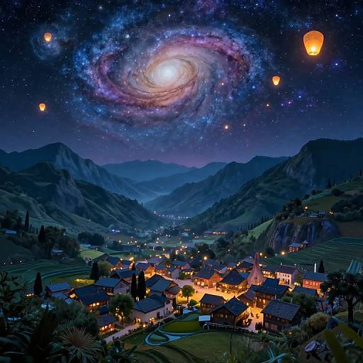 Nighttime village scene with glowing houses, starry sky, swirling galaxy, and floating lanterns over rolling mountains and fields. Digital artwork.