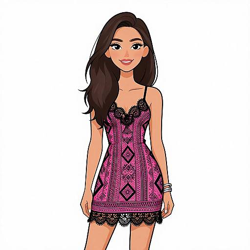 Digital illustration of a smiling, long-haired Asian woman in a pink, lace-trimmed, patterned mini-dress, standing against a white background
