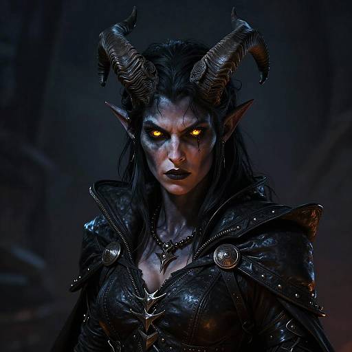 Dark, demonic woman with glowing yellow eyes, black leather armor, and curved horns; eerie, shadowy background. CGI fantasy art.