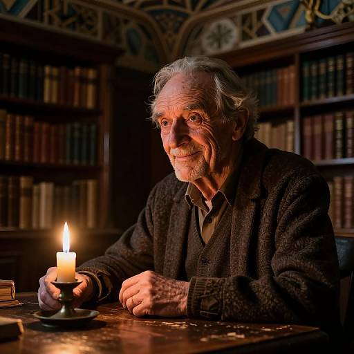 Photograph of an elderly man with white hair and beard, wearing a dark textured sweater, holding a lit candle in a dimly lit, book-filled