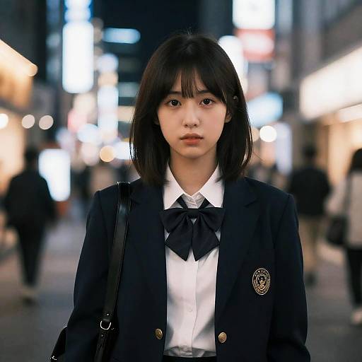 Young Woman in School Uniform on Tokyo Street at Night