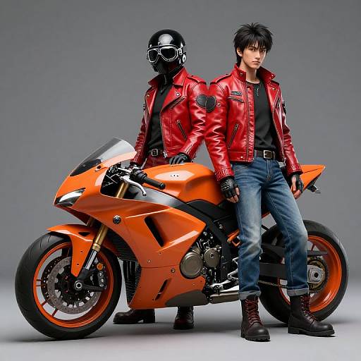 Photograph of an Asian man with black hair in a red leather jacket, jeans, and boots, standing beside an orange sports motorcycle, wearing a black