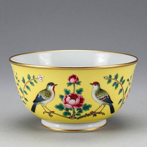 Yellow Ground Famille-Rose Bird Bowl