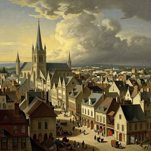 Photograph-style digital painting of a quaint, sunlit European town with Gothic-style church spires, bustling cobblestone square, and dramatic cloudy sky