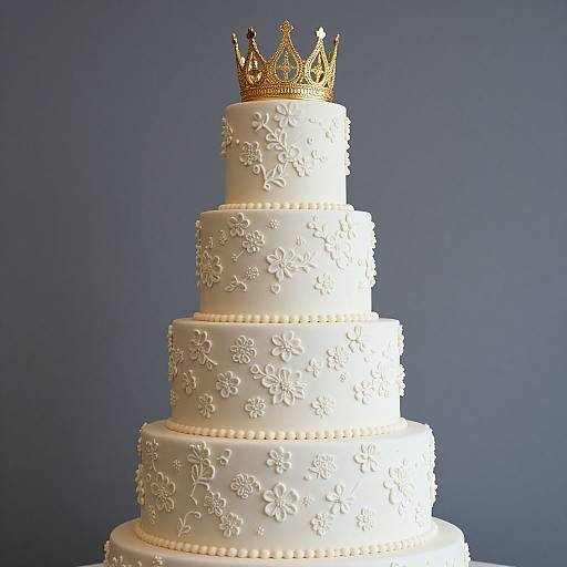Photograph of a white, four-tiered wedding cake adorned with floral sugar decorations and pearl accents, topped with a gold crown, against a blue background