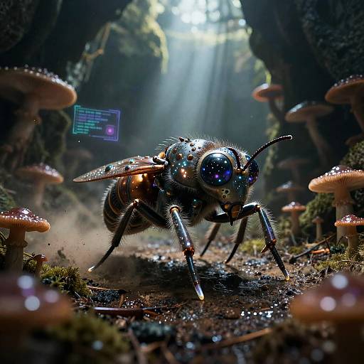 Hyper-realistic CGI of a metallic, iridescent fly with glowing eyes in a forest, surrounded by mushrooms, illuminated by sunlight.